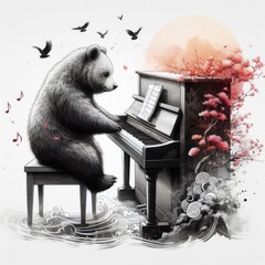 black bear sitting in a chair and playing piano