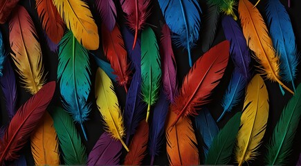 Rainbow feathers arranged on a black background, creating a vibrant and contrasting display of colors.