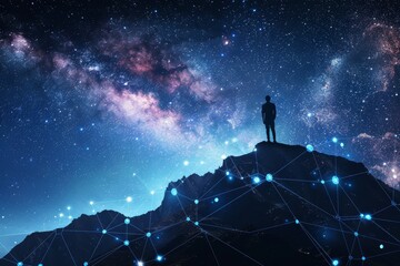 A young man reflects on AI concepts under the night sky, symbolizing deep thought and innovation. AI-generated.