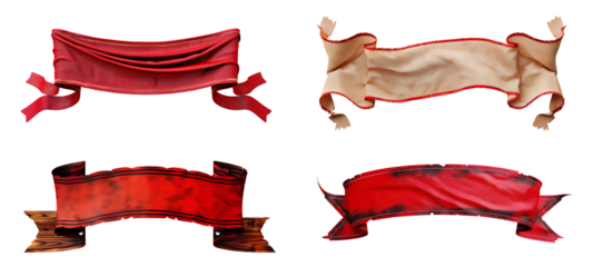 Red banner set PNG. Set of red banners. Red banner PNG. Red curtain with ribbon isolated. Old European royalty style banner. Fabric banner for text input