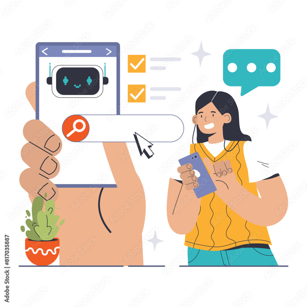 Aufkleber chat bot user interface concept. woman interacts with digital assistant