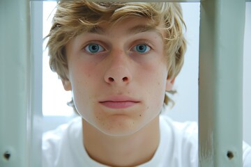 Portrait of a teenage prisoner staring intently into the camera behind the bars of a prison cell.