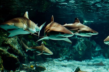 A group of sharks close to the sea floor. Close to stone reef
