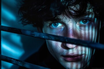 Portrait of a teenage prisoner staring intently into the camera behind the bars of a prison cell.