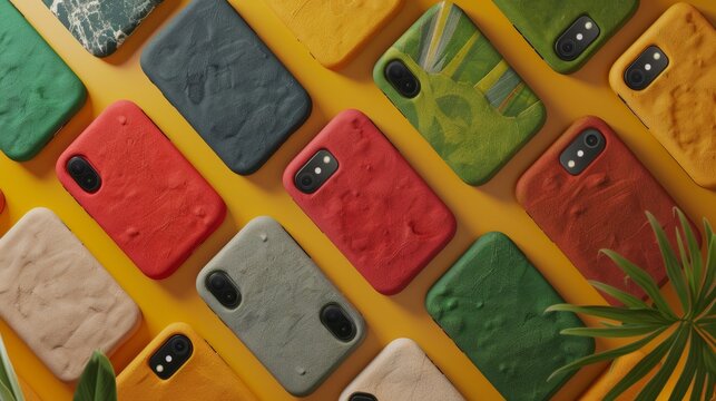 3d modelDepict a smartphone case made from unconventional materials, such as recycled plastics or sustainable fabrics, highlighting innovative design for phone protection.space for text