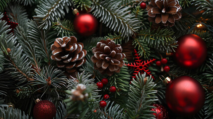 Closeup of Christmas tree branches with red ornaments and pine cones, creating an enchanting background for holidaythemed designs. 