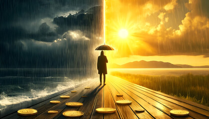  a dramatic scene of contrasting weather with a person standing under an umbrella as golden coins rain down in a magical and surreal environment.