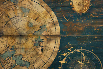 An intricate illustration of a celestial map, featuring constellations, planets, and mystical symbols, with a vintage astronomical theme