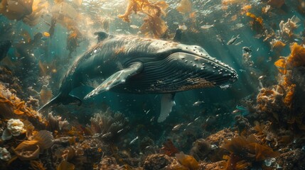 Fototapeta premium A blue whales swims through a sea of plastic trash 