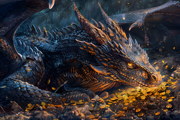A captivating illustration of a dragon curled around a treasure hoard, with detailed scales and a mystical aura