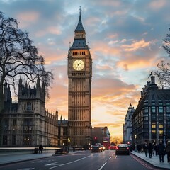 Iconic Big Ben Tower and Palace of Westminster at Sunset in London