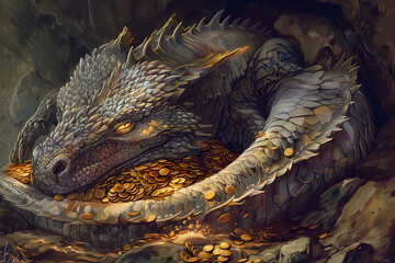 A captivating illustration of a dragon curled around a treasure hoard, with detailed scales and a mystical aura
