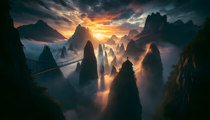 mountainous landscape with multiple suspension bridges connecting peaks shrouded in mist, during a dramatic sunrise.