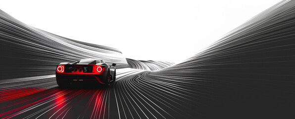 Futuristic sports car racing through a digitally enhanced landscape, highlighted by stark black and red contrast