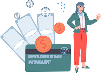 Business woman successful and self-confident among money and finance symbols. Money savings, economy and investment.