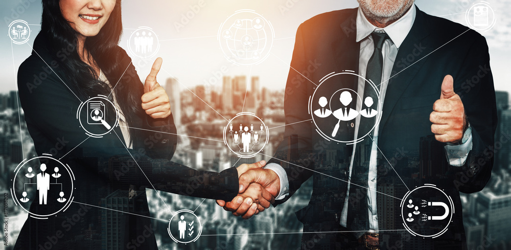 Poster human resources recruitment and people networking concept. modern graphic interface showing professi
