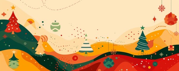 Fototapeta premium A flat vector background with Christmas tree decorations and simple shapes in red, green, orange and yellow tones. Geometric forms with a flat design and vector illustration.