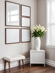 Mockup frame in a corner of white living room background, home interior mockup, frame mockup