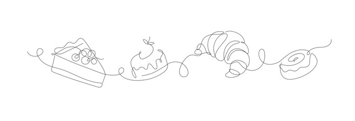 Bakery desserts cake, croissant, cupcake linear style silhouette drawing on white background