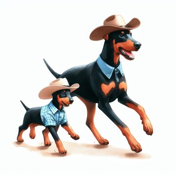 Doberman Pinscher Dog Father and Son  .  Happy Father's Day  Watercolor Clip Art. Greeting Postcard Art Cute Cartoon Character Drawing Illustration. For Dad and kids