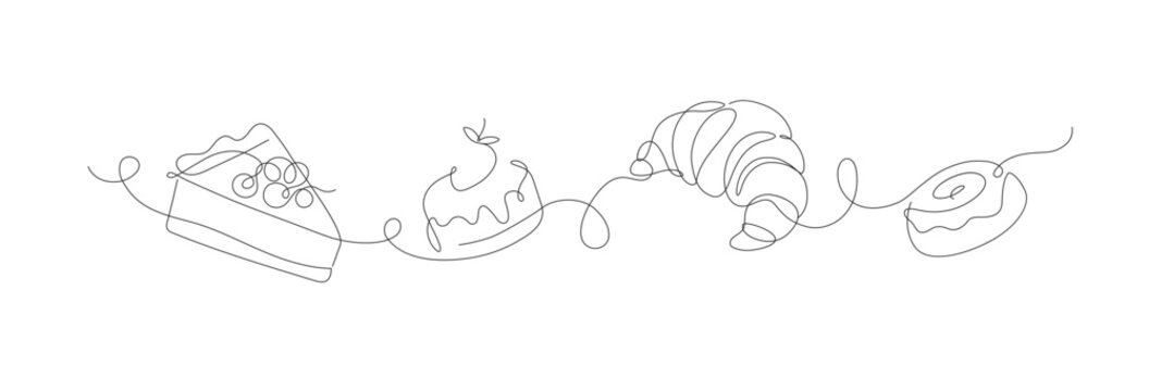 Bakery desserts cake, croissant, cupcake linear style silhouette drawing on white background