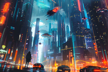 A dynamic illustration of a bustling futuristic cityscape, with towering skyscrapers, flying cars, and neon lights