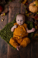 the child lies in the autumn decor. newborn boy. baby's first photo shoot