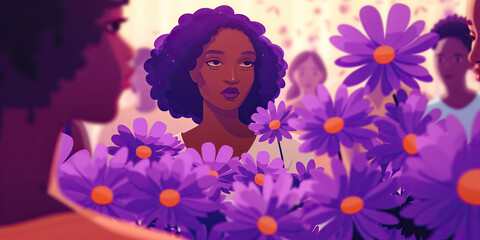 Deep Purple - A woman of color sits at a table, adorned with vibrant purple flowers, surrounded by a community of loved ones