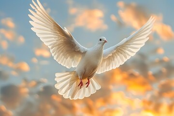 Obraz premium Majestic White Dove Flying Against a Stunning Sunset Sky