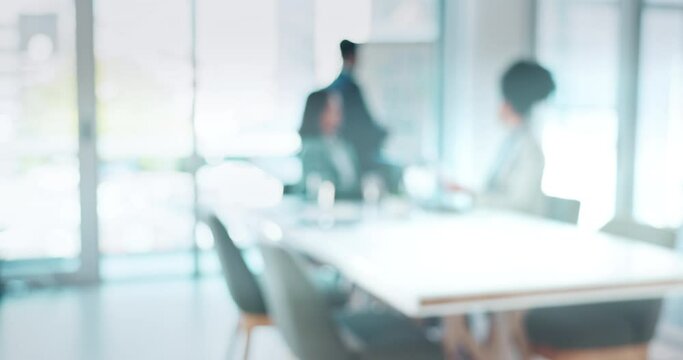 Business people, discussion and presentation in office with blur for planning, workshop or training with documents. Man, speaker and women with proposal, review or conference with ideas at whiteboard