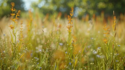 Close-up of transparent 3D grass in a vibrant field, with a blurred background of wildflowers and trees, highlighting the intricacies of the grass texture © kittipoj