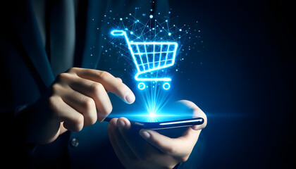 concept of online shopping with a holographic projection of a shopping cart emanating from a smartphone, highlighted against a dark background to emphasize its futuristic aspect.