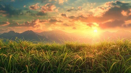 Digital rendering of a lush grassy field with transparent grass elements, set against a backdrop of distant mountains and a vibrant sunset