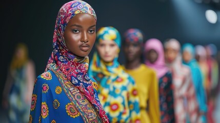 Fototapeta premium Vibrant Hijab Fashion Trends Showcased on Runway with Diverse Models Displaying Elegant Modest Wear Designs