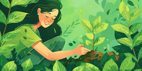 Vibrant Green - In a lush garden, a beaming woman tenderly plants a new sapling, nurturing the earth for future generations.