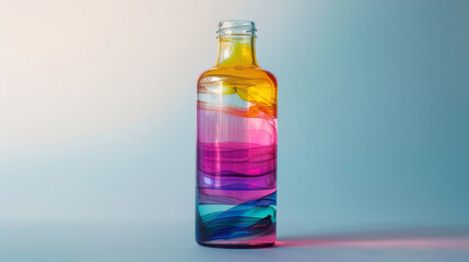 A bottle with a rainbow colored stripe is sitting on a table