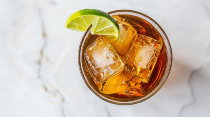 A glass of iced tea with a lime wedge on top