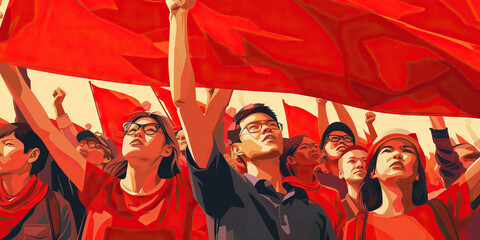 Radiant Red - A group of citizens proudly holds up a red banner, advocating for Inspired Redemption - United citizens passionately wave a red standard, symbolizing their unwavering a better tomorrow. 