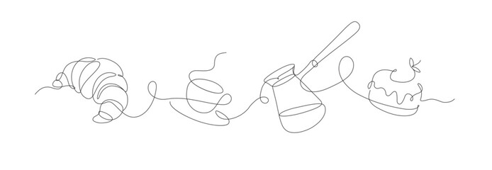 Bakery desserts cake, croissant, coffeepot and coffee cup linear style silhouette drawing on white background
