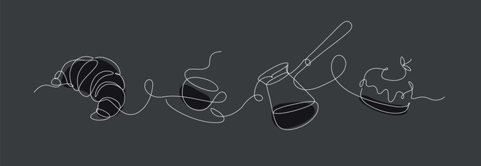 Bakery desserts cake, croissant, coffeepot and coffee cup linear style silhouette drawing on black background