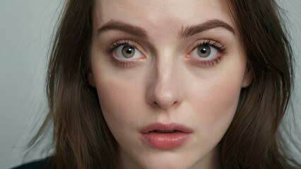 Obraz premium A woman with brown hair and green eyes is staring at the camera. She has a surprised expression on her face