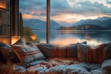 Comfy reading nook, close up on cushions, inviting warm colors, double exposure silhouette with lakeside view