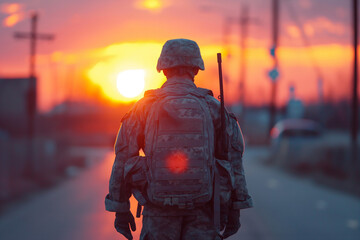 Back view of US soldier coming back home from the military, American serviceman.