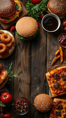 Top view of Pizza, fried chicken,hamburger, donuts, in a wood table, empty space un the middle for text_20