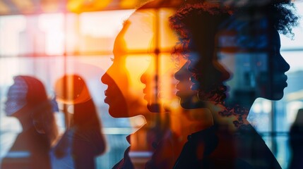 Young professionals from various backgrounds, close up on diverse faces, concept of inclusivity, ethereal, Silhouette, light-filled atrium backdrop