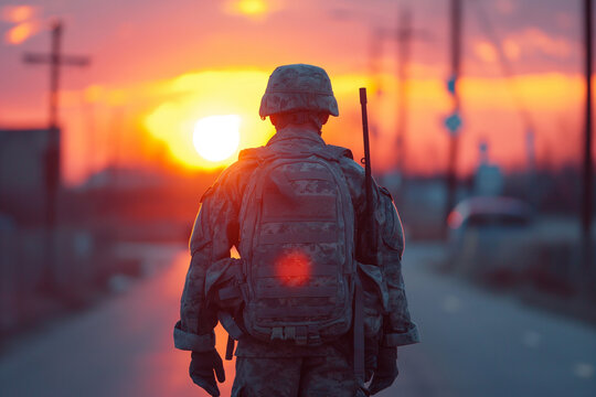 Back view of US soldier coming back home from the military, American serviceman.