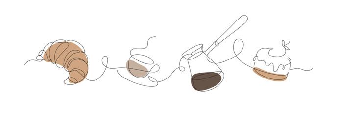 Bakery desserts cake, croissant, coffeepot and coffee cup linear style silhouette drawing with color on white background