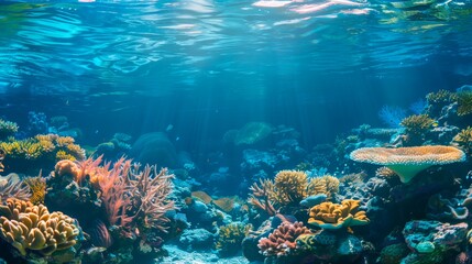 Fototapeta premium Oceanic landscape. Coral reef floor with the sea roof near to it.