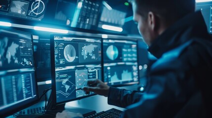 Unseen spaceman inputting data into computers in a dark research facility, close up on digital interfaces, theme of scientific discovery, futuristic, Manipulation, space agency backdrop