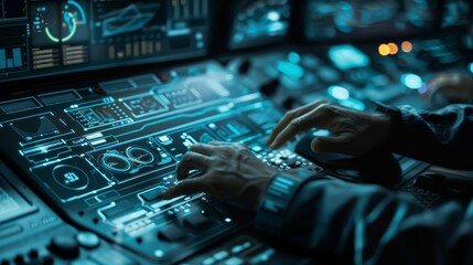 Unseen spaceman inputting data into computers in a dark research facility, close up on digital interfaces, theme of scientific discovery, futuristic, Manipulation, space agency backdrop